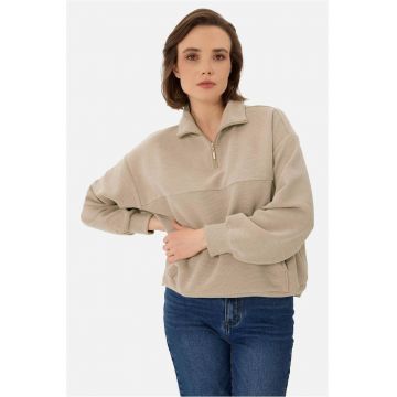 Hanorace dama fara gluga - cu guler si fermoar scurt - cu buzunare kangaroo -  B-Moxi - nervuri - Bej