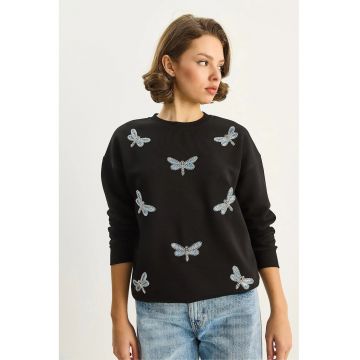 Hanorac dama -  bluza cu broderie fluture - negru - textil -