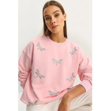 Hanorac dama -  bluza cu broderie fluture - roz aprins - textil