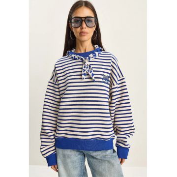 Hanorac dama -  cu gluga - dungi - albastru marocan - textil