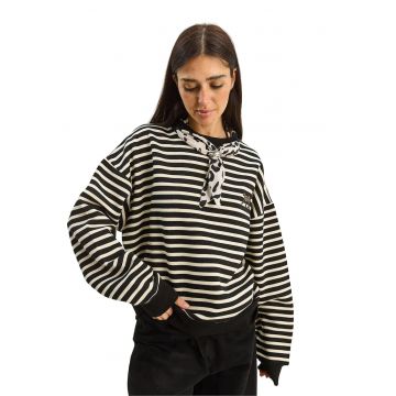 Hanorac dama -  cu gluga - dungi - negru - textil