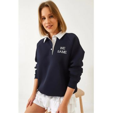 Hanorac dama -  cu maneca lunga - guler polo brodat - bleumarin - bumbac