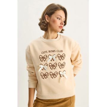 Hanorac dama -  cu maneca lunga - imprimeu - bej natural - textil