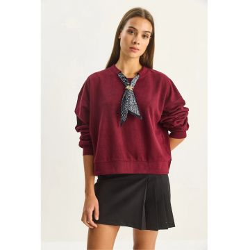 Hanorac dama  guler la baza gatului - detaliu accesoriu imprimat - rosu burgund - textil