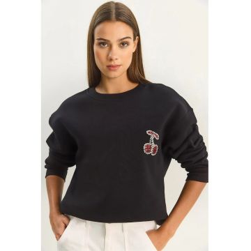 Hanorac dama -  guler rotund brodat - negru - textil