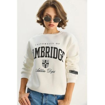 Hanorac dama  guler rotund - nervuri imprimate - alb - textil