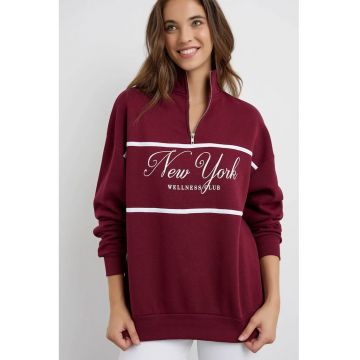 Hanorac dama -  supradimensionat cu fermoar si imprimeu - Rosu Burgund - bumbac si poliester -