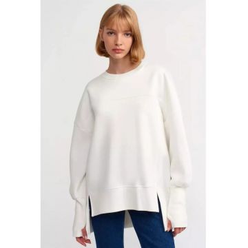 Hanorac dama  supradimensionat - guler rotund - crapatura laterala - Alb - Bumbac