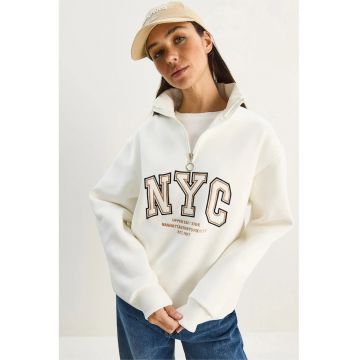 Hanorac dama -  tricotat supradimensionat - guler cu fermoar - alb - poliester