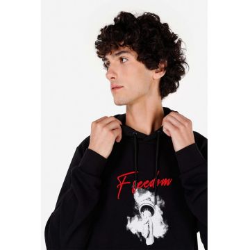 Hanorac de bumbac cu buzunar kangaroo si imprimeu