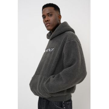 Hanorac din material teddy cu buzunar kangaroo si logo