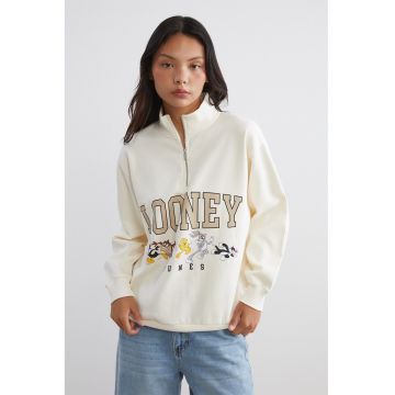 Bluza de trening cu croiala lejera - guler cu fermoar scurt si imprimeu Looney Tunes