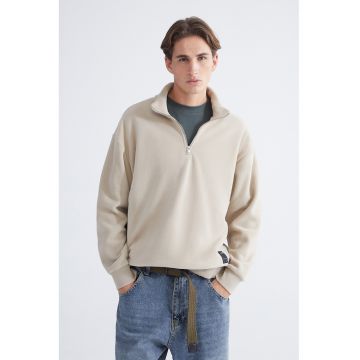 Bluza de trening cu maneci cazute si model uni - Bej deschis