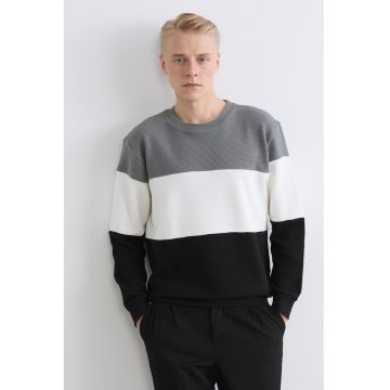 Bluza de trening cu model colorblock si decolteu la baza gatului - Alb/Negru/Gri