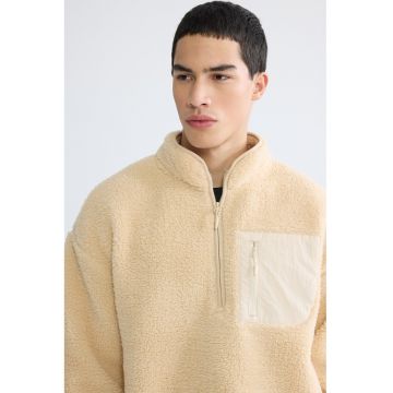 Bluza de trening din material teddy cu fenta cu fermoar - Maro taupe deschis