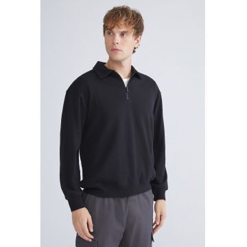 Bluza din amestec de bumbac cu fenta cu fermoar - Negru