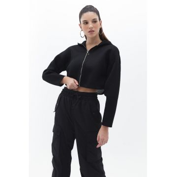 Hanorac crop cu fermoar - Negru