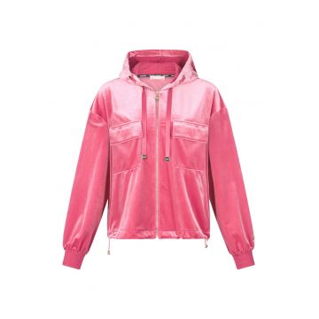 Hanorac cu fermoar si buzunare pe piept Chenille - Roz