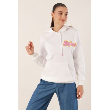 Hanorac dama  brodat cu gluga supradimensionat - alb - poliester
