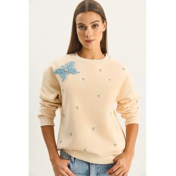 Hanorac dama -  broderie la gat - maneci lungi - bej natural - textil