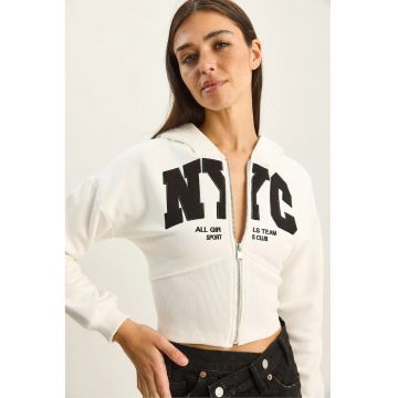 Hanorac dama  cardigan scurt cu gluga - imprimeu - alb - jerseu