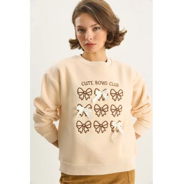 Hanorac dama -  cu gat rotund - maneci lungi - bej natural - textil -