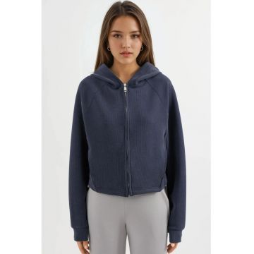 Hanorac dama  cu gluga si fermoar - bleumarin - jerseu