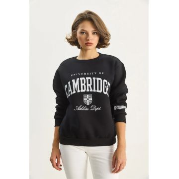 Hanorac dama -  cu guler la baza gatului - imprimeu - negru - textil