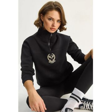 Hanorac dama -  guler cu fermoar brodat - negru - textil