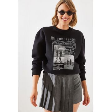 Hanorac dama  guler rotund - imprimeu pe spate - negru - bumbac