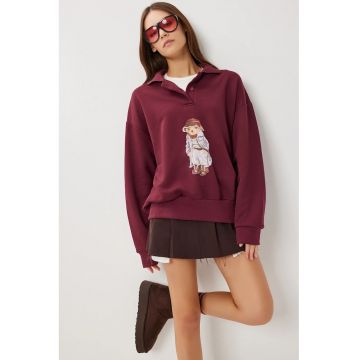 Hanorac dama - Happiness Istanbul - Comfort Fit - guler polo - visiniu - textil