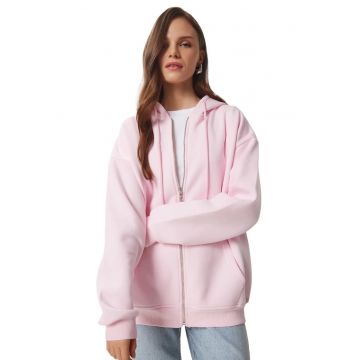 Hanorac dama - Happiness Istanbul - supradimensionat - cu gluga si fermoar - roz