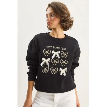 Hanorac dama -  maneca lunga - guler rotund - negru - textil