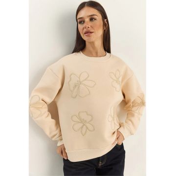 Hanorac dama -  maneci lungi - guler rotund - bej natural - textil