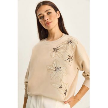 Hanorac dama -  model floral - croiala relaxata - Bej Natural - textil