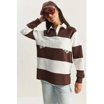 Hanorac dama  oversized cu guler polo - alb maro - textil