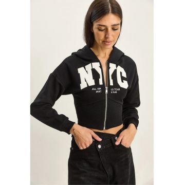 Hanorac dama  scurt cu gluga - imprimeu - negru - jerseu