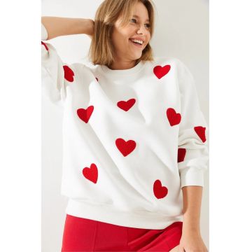 Hanorac dama -  supradimensionat - broderie - alb - bumbac - model inimi -