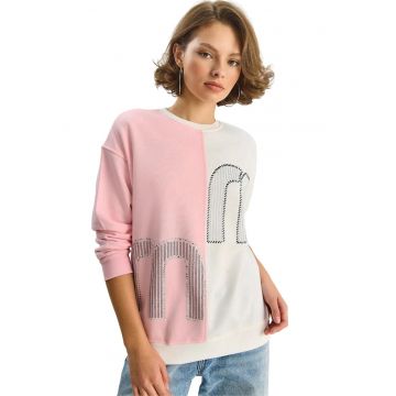 Hanorac dama  supradimensionat cu imprimeu - bej natural roz - textil