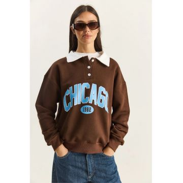 Hanorac dama -  supradimensionat - imprimeu - maro mocha inchis - textil