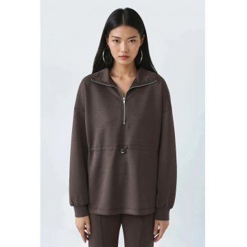 Hanorac  femei - guler cu fermoar - talie ajustabila - maro cafeniu - textil