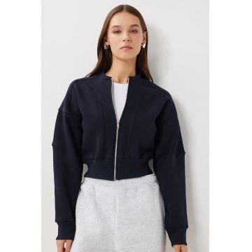 Hanorac scurt cu fermoar Happiness Istanbul - Slim Fit - Albastru marin - Textil