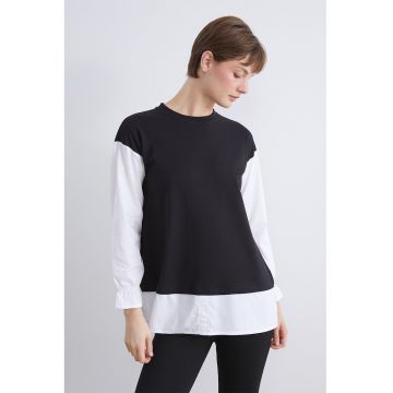 Bluza de trening cu maneci cazute si decolteu la baza gatului - Alb/Negru