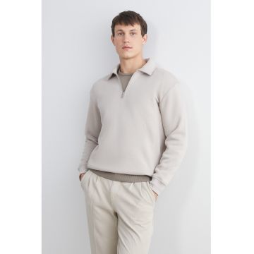 Bluza de trening polo cu fenta scurta cu fermoar - Grej