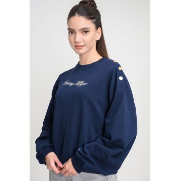 Bluza de trening cu croiala lejera si detalii nasturi pe un umar - Bleumarin