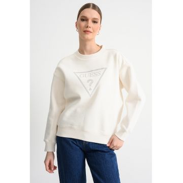Bluza de trening cu maneci cazute si logo din strasuri - Crem/Argintiu