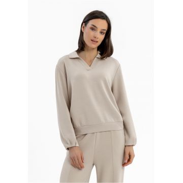 Bluza de trening dama cu guler - decolteu in V - uni - Regular Fit -  B-Nalia - bej - Bej