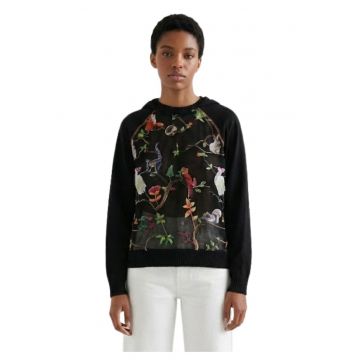 Hanorac cu broderie si panel semi-transparent Fauna -