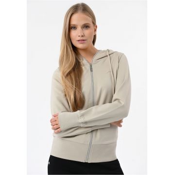Hanorac cu gluga din bumbac - cu fermoar - buzunare - uni -  B-Alexa - crem - Crem