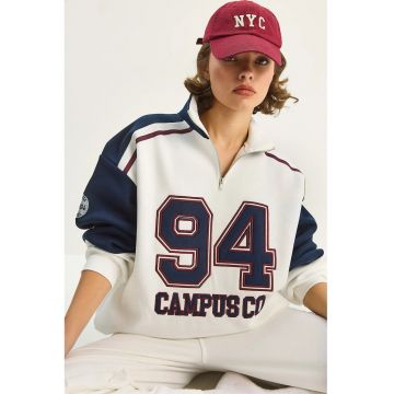 Hanorac dama -  guler rotund - brodat - ivory - textil